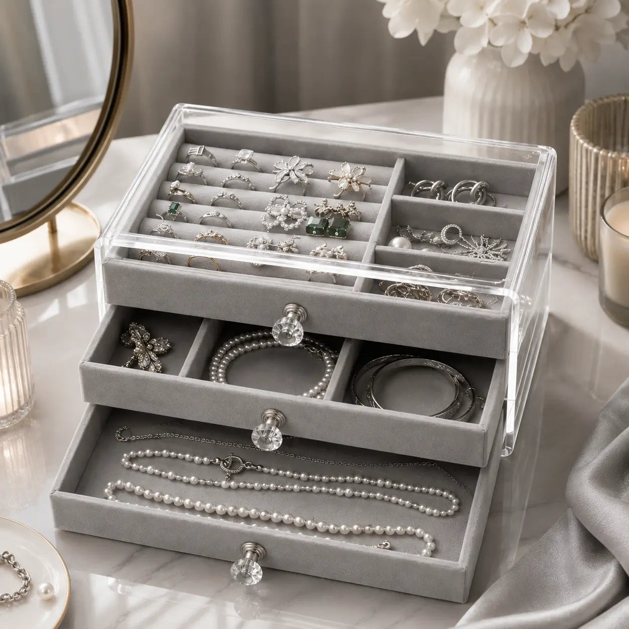 3 LAYER VELVET JEWELLERY ORGANIZER