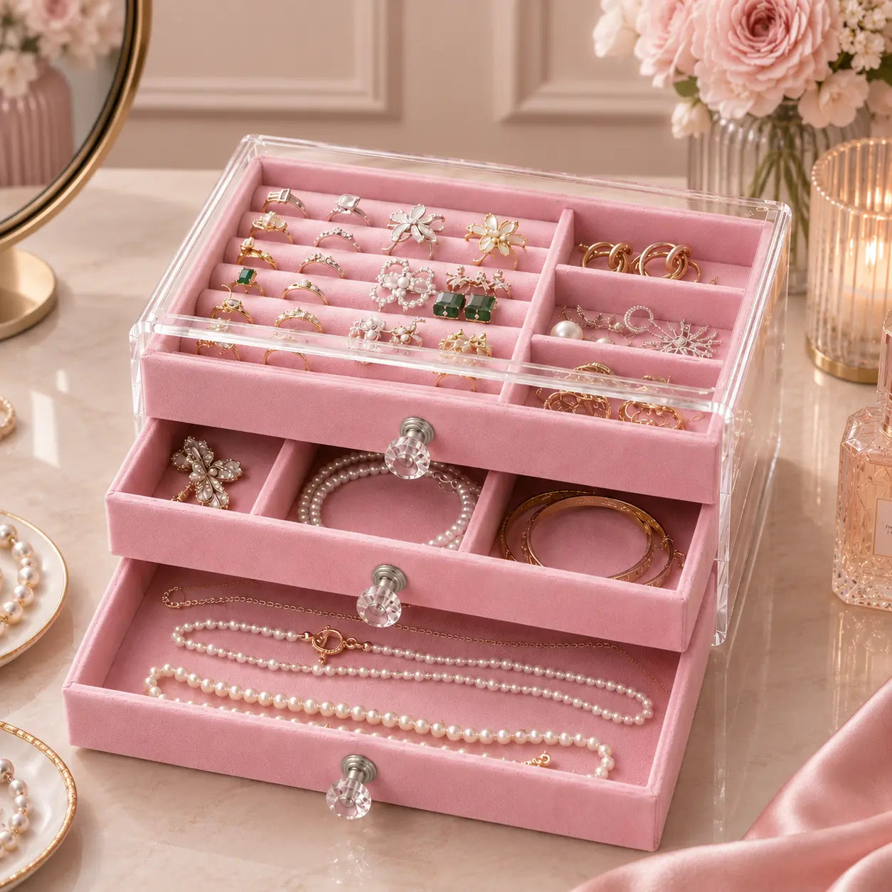3 LAYER VELVET JEWELLERY ORGANIZER